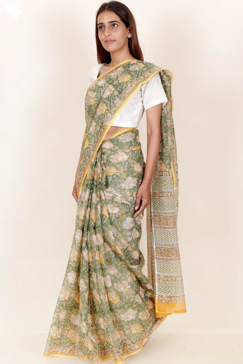 Kota Doria Saree In Floral Block Print